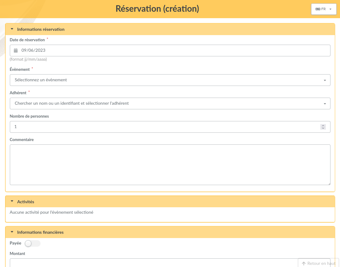 The form of a new booking
