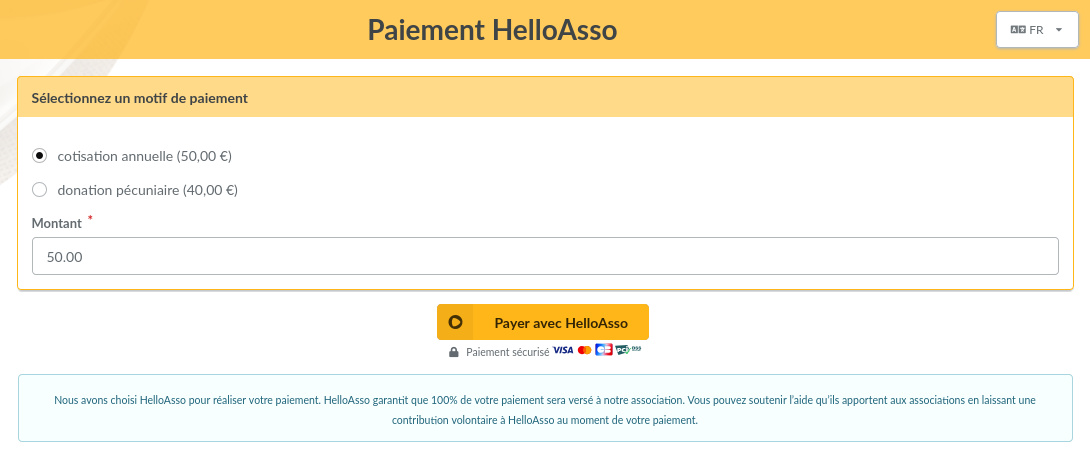 Écran du formulaire de paiement visible par un utilisateur connecté à son compte