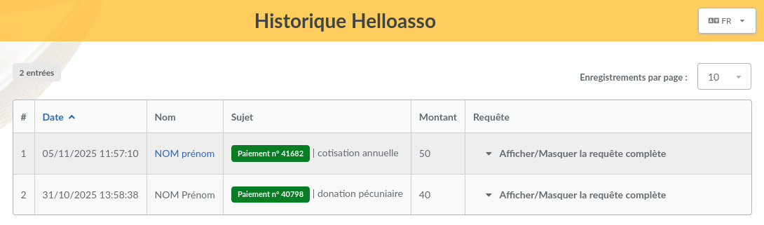 Écran de l'historique des paiements