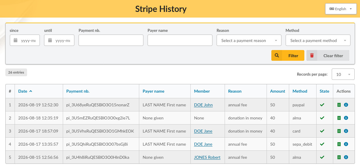 Payment history screen