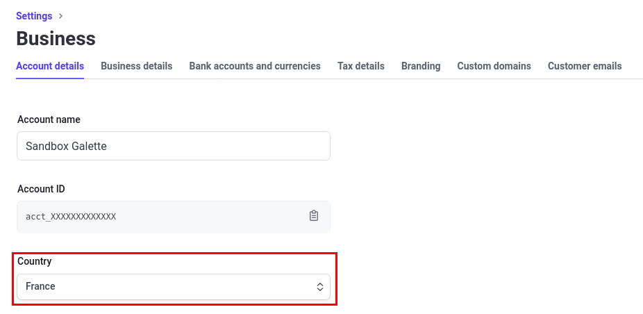 Country defined in the account settings